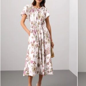 Adam Lippes White Floral Drawstring Midi Dress with Pink Accents